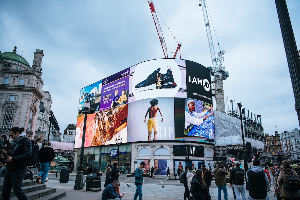 Advertisements on display at Piccadilly Circus in London