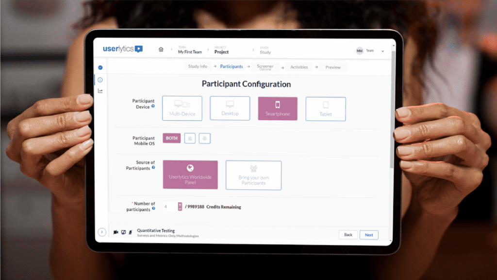 screenshot of the userlytics market research tool
