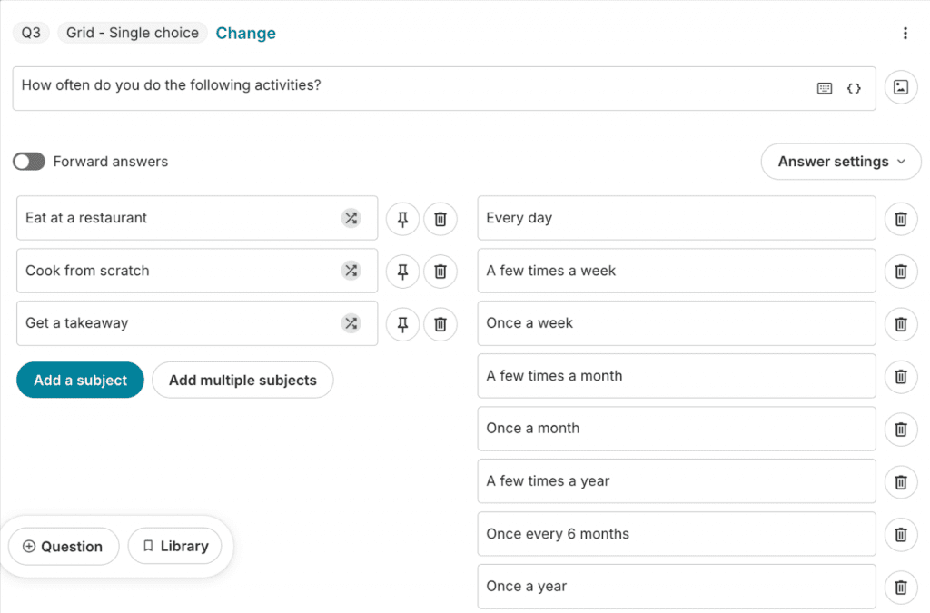 Screenshot of a matrix/grid question on the attest platform 