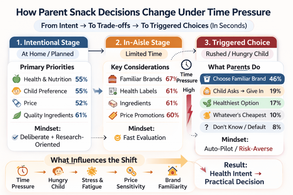 Infographic illustrating how US parents’ snack buying behaviour changes under time pressure, with familiar brands and speed outweighing health intentions