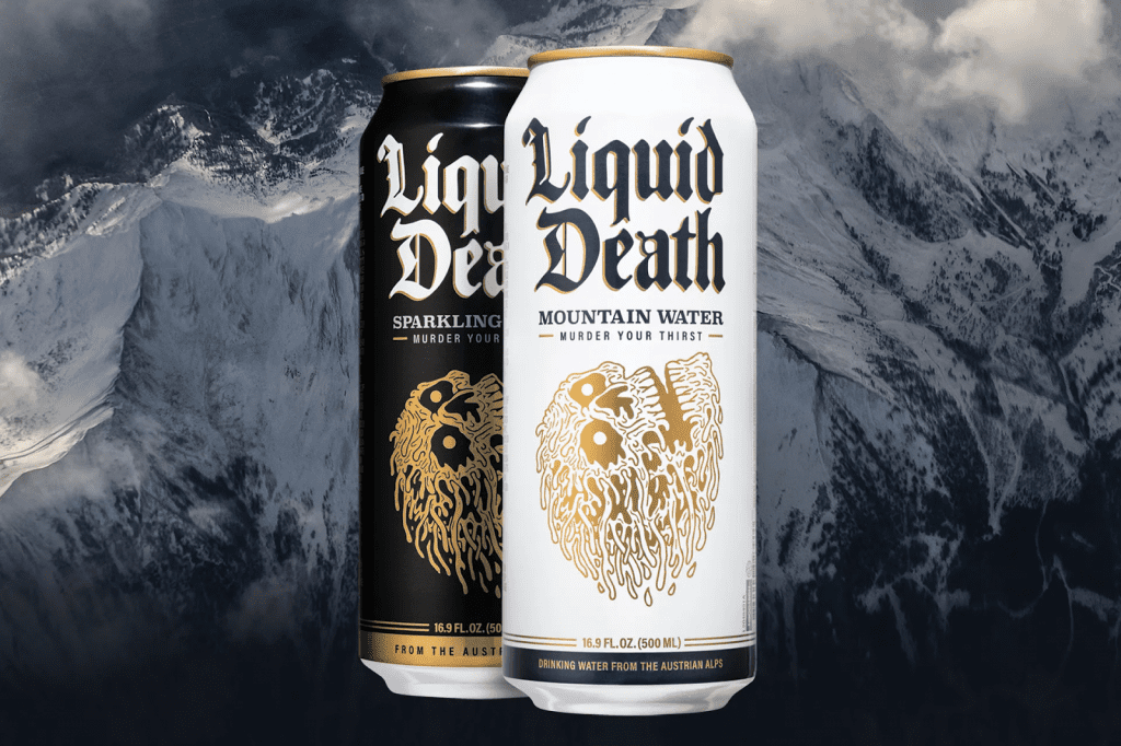 Liquid Death mountain water cans with bold design