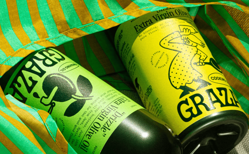 Graza olive oil packaged in squeeze bottles