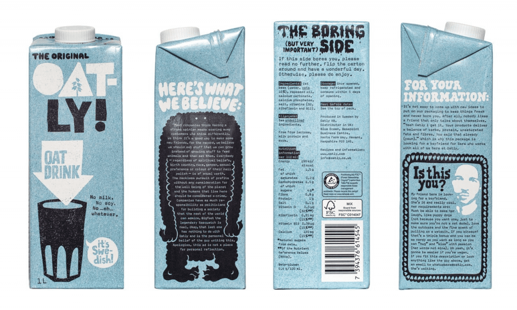 Oatly oat milk cartons with narrative packaging