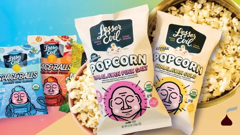 LesserEvil popcorn packaging with colorful design