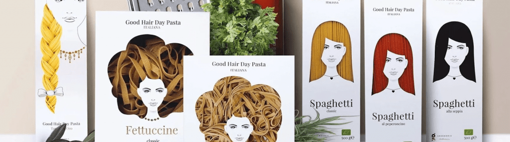 Good Hair Day Pasta packaging shaped like different hairstyles