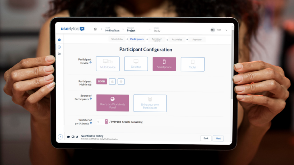 screenshot of the userlytics market research tool