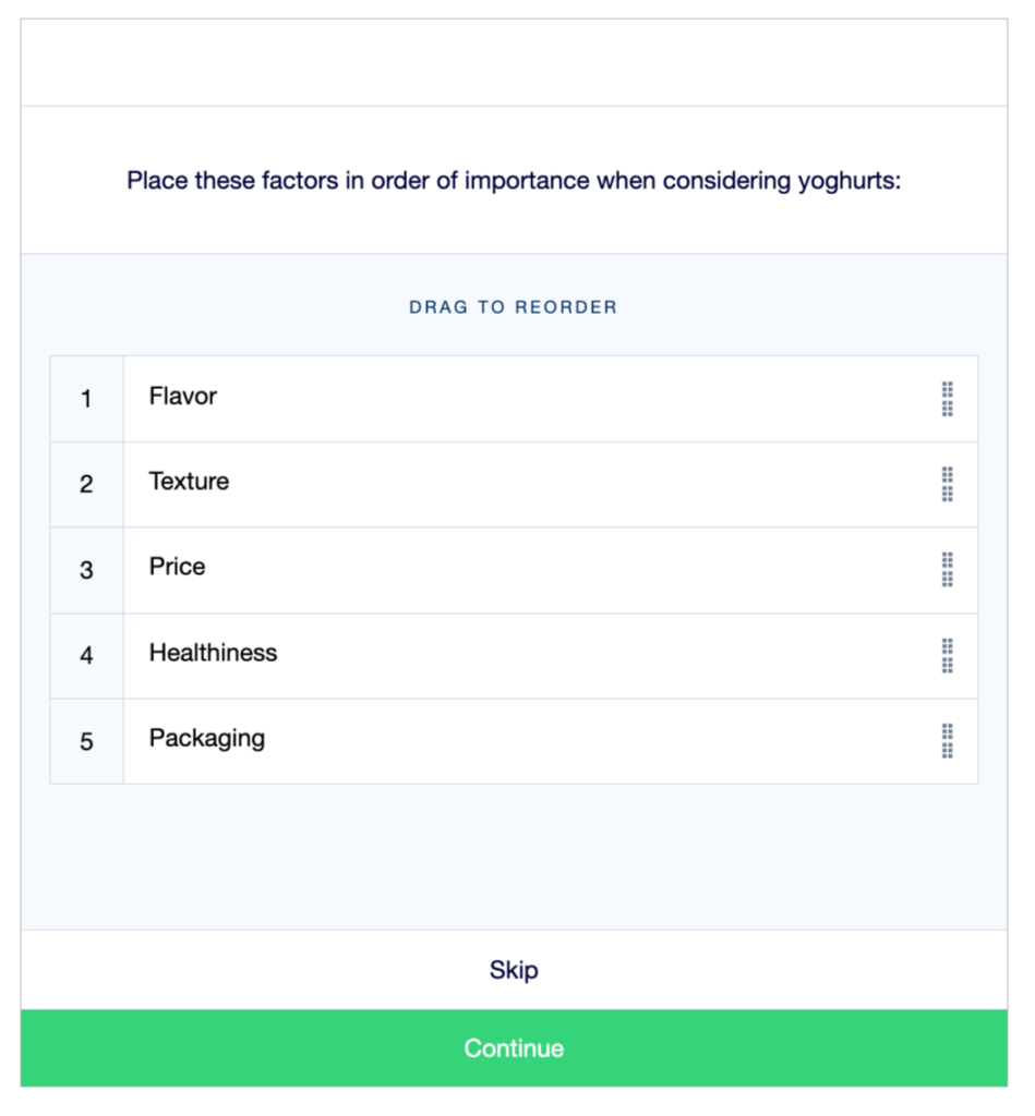 Example of a forced ranking survey rating scale on the Attest platform