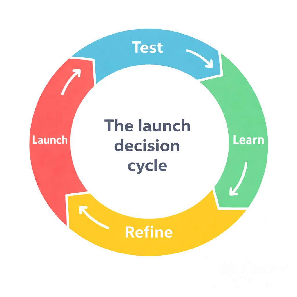 Launch decision cycle diagram: Test, Learn, Refine, Launch.